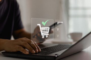 Online shopping, Online payment concept. shopping order in online store, payment makes a purchase on the Internet, Business financial technology. concept on virtual screen with hand typing on keyboard