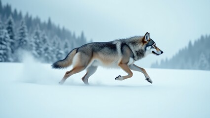 Fototapeta premium A wolf running across the snow, showcasing its agility and strength in a cold, wintery landscape.
