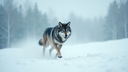 Naklejka premium A wolf running across the snow, showcasing its agility and strength in a cold, wintery landscape.