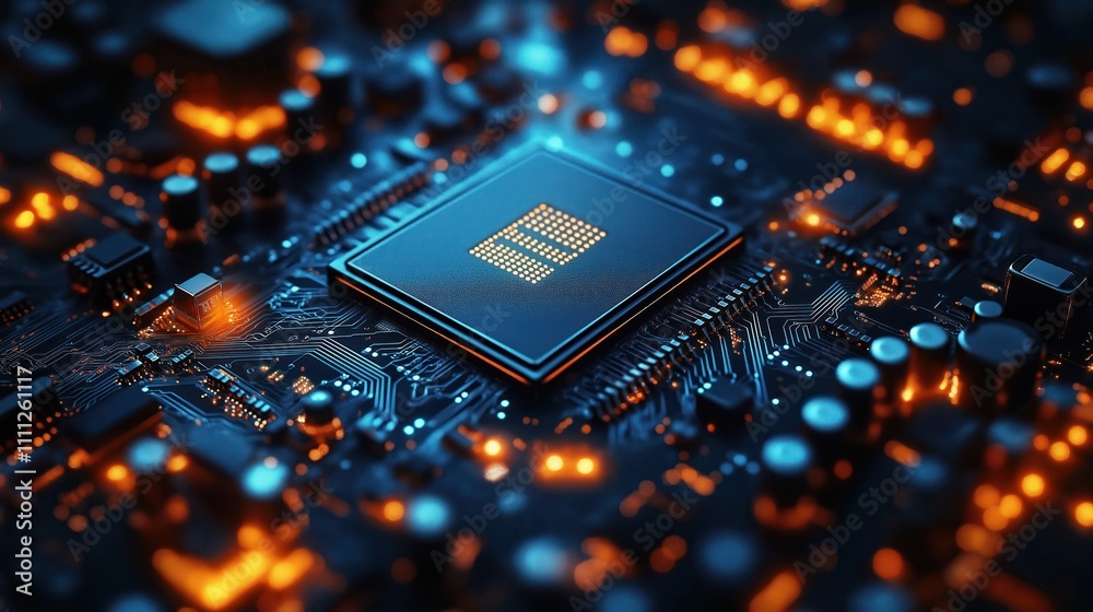 Poster Close-up view of computer chip on circuit board. Modern tech detail. Electronic components illuminated. Advanced tech concept. Future tech illustration. High tech design. Complex circuitry. Digital