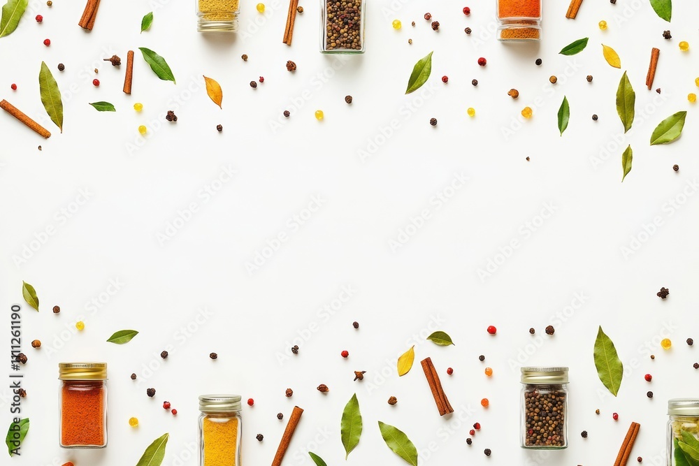 Aufkleber vibrant spice jars and bay leaves arranged on a clean white surface, creating a tempting display for