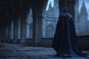 Naklejka premium Mysterious figure in sapphire blue velvet cloak walking through gothic cathedral arches