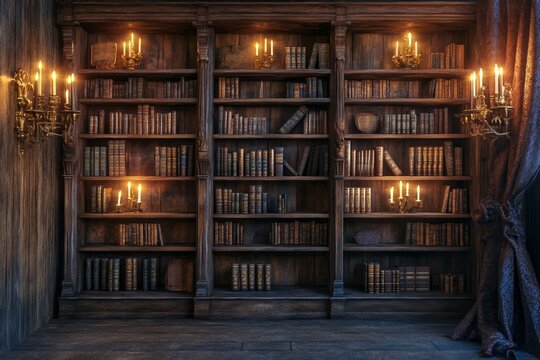 Photorealistic medieval library with wooden shelves and candlelight ambiance for historical design