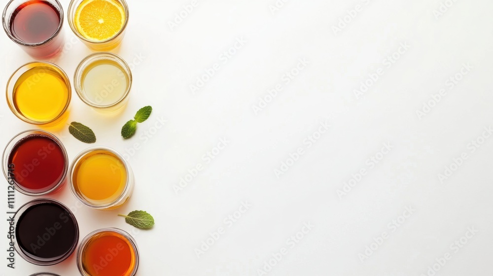 Poster colorful glasses filled with various drinks such as juice, tea, and soda are artistically arranged o