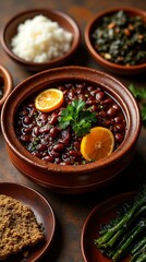 Feijoada Served in a Traditional Clay Pot with Orange Garnish