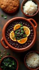 Feijoada Served in a Traditional Clay Pot with Orange Garnish