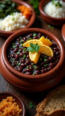 Feijoada Served in a Traditional Clay Pot with Orange Garnish