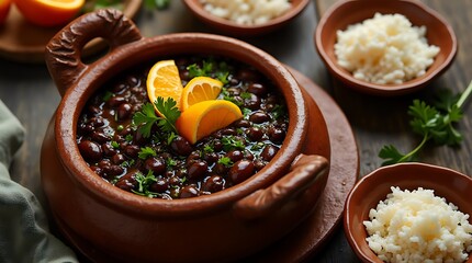 Feijoada Served in a Traditional Clay Pot with Orange Garnish