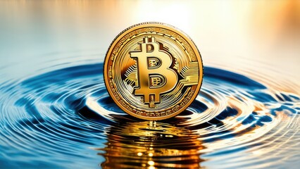 Bitcoin on water background. Digital currency. Cryptocurrency. Digital money. Copy Space, watercolor illustration.