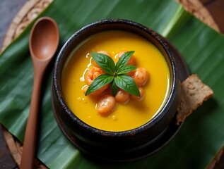 Tacacá Served in a Rustic Black Clay Bowl with Bright Yellow Tucupi Broth