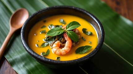 Tacacá Served in a Rustic Black Clay Bowl with Bright Yellow Tucupi Broth