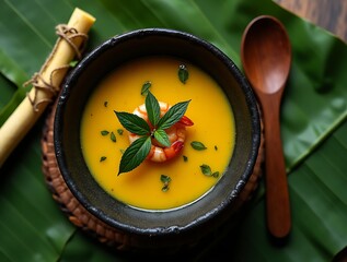 Tacacá Served in a Rustic Black Clay Bowl with Bright Yellow Tucupi Broth