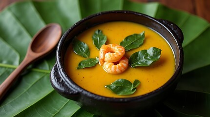 Tacacá Served in a Rustic Black Clay Bowl with Bright Yellow Tucupi Broth