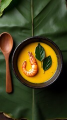 Tacacá Served in a Rustic Black Clay Bowl with Bright Yellow Tucupi Broth