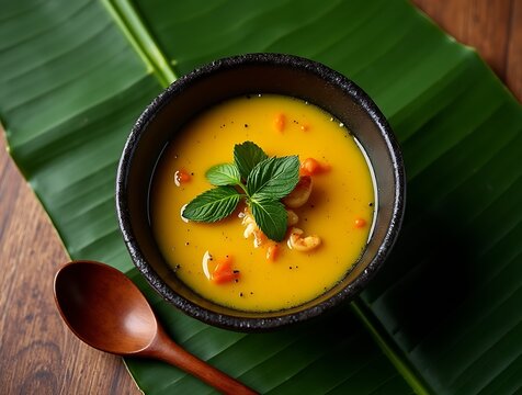 Tacac&aacute; Served in a Rustic Black Clay Bowl with Bright Yellow Tucupi Broth