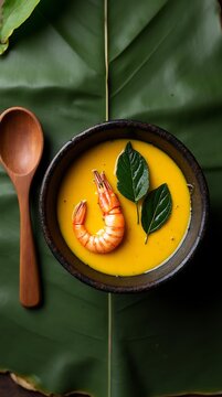 Tacac&aacute; Served in a Rustic Black Clay Bowl with Bright Yellow Tucupi Broth