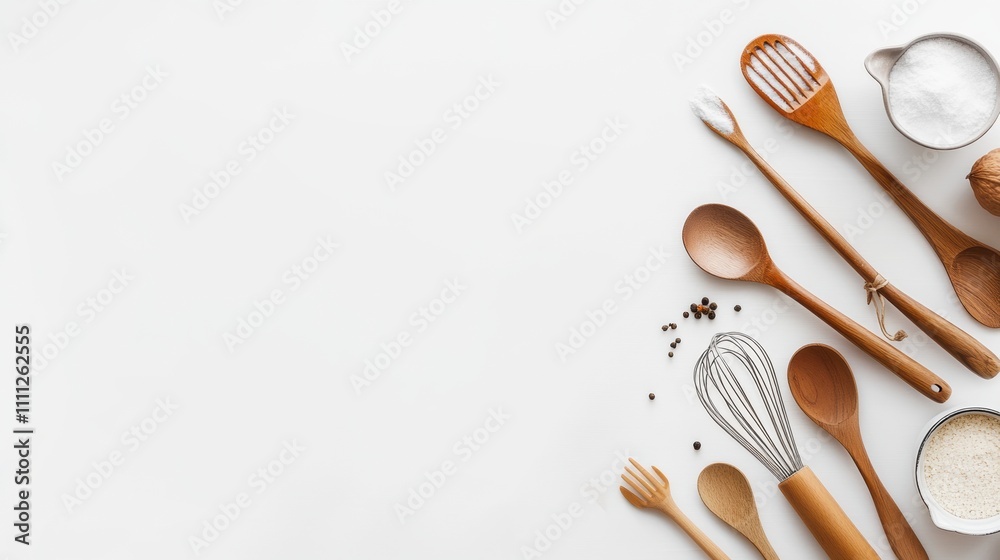 Poster various kitchen utensils such as spatulas, whisks, and small pots are neatly arranged on a white sur