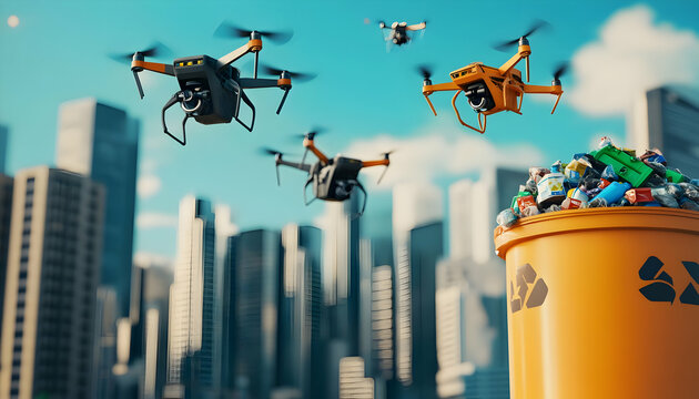 Drones collecting waste above a recycling bin in a cityscape.