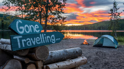 A scenic camping spot featuring a 'Gone Travelling' sign, a campfire, and a tranquil lake at sunset, evoking a sense of adventure and relaxation.