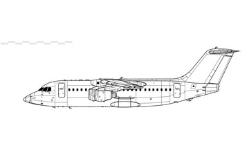 BAe 146-200. Avro RJ85. Vector drawing of regional jet airliner. Side view. Image for illustration and infographics.