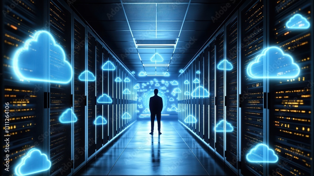 Poster Businessman stands in tech center. Cloud computing service operations center. Modern data management. Tech expert observes data storage. Man in a server room. Digital clouds. Futuristic tech space.