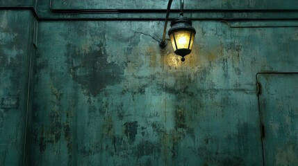 Dimly Lit Lantern Against Weathered Green Wall Creating Mystical Atmosphere in Industrial Setting with Unique Texture and Soft Warm Glow for Artistic or Vintage Themes