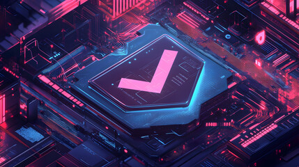 A futuristic cyber security illustration featuring a digital shield with a check mark, surrounded by code and interface elements. Perfect for representing online security, data protection, and tech.

