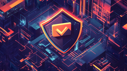A futuristic cyber security illustration featuring a digital shield with a check mark, surrounded by code and interface elements. Perfect for representing online security, data protection, and tech.


