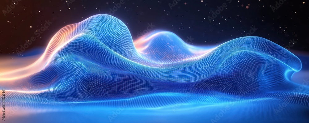 Poster Abstract digital illustration shows flowing blue waves. Design features grid pattern. Dynamic wave forms create tech background. Image perfect for tech projects, digital design, data visualization.