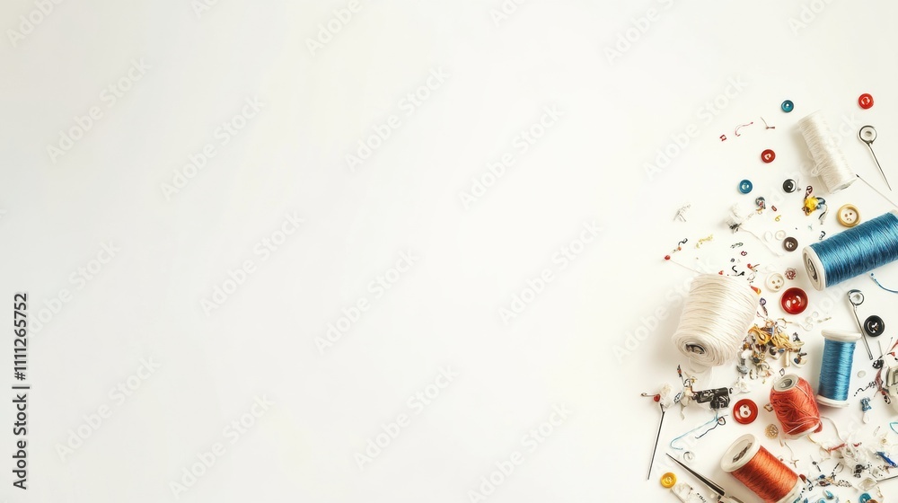 Aufkleber colorful threads, needles, and buttons are scattered on a white background, creating a creative work