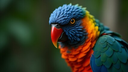 Fototapeta premium A close-up of a parrot, highlighting its colorful feathers and sharp beak, with a vibrant background.