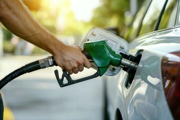 Man refueling a car at a gas station during sunset, focused on the pump, showcasing the importance of fuel for transportation.