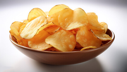 Potato chips in a bowl with soft lighting effect on white background