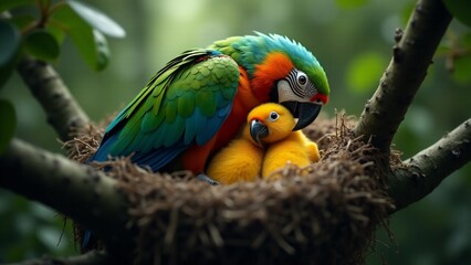 Obraz premium A mother parrot caring for her chicks in a lush, tropical setting, showcasing their strong bond.