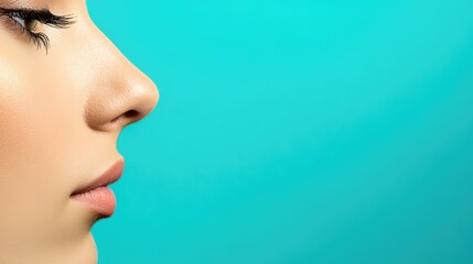 Fototapeta premium Elegant Side Profile of a Woman Against a Turquoise Background