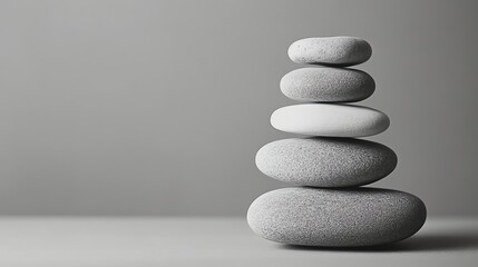 A stack of five smooth, white stones against a white background.