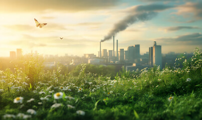 A contrast between nature and industry, showcasing flowers in the foreground and factories in the background.
