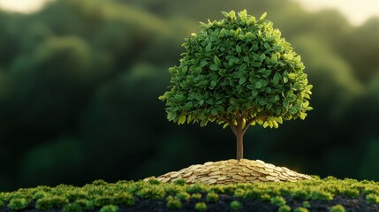 milestones achievement process Conceptual art of a lush green tree growing abundantly with shiny coins on its branches, symbolizing prosperity and wealth in nature's embrace.