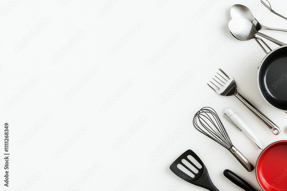 Poster a variety of kitchen utensils such as spatulas, whisks, and small pots are arranged on a white surfa