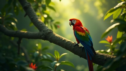 A peaceful image of a parrot perched on a branch amidst tropical foliage, exuding tranquility.
