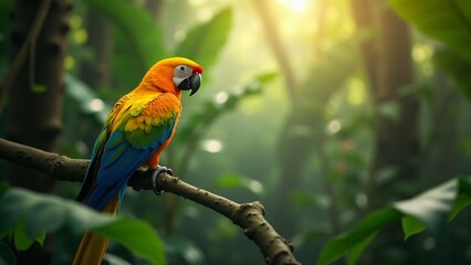 Obraz premium A peaceful image of a parrot perched on a branch amidst tropical foliage, exuding tranquility.