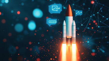 Fototapeta premium milestones achievement process Rocket Launch in a Holographic Environment with Milestones and Floating Graphics Depicting Data Analysis, Innovation, and Future Technology Themes