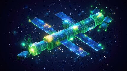Futuristic space station wireframe hologram design amidst a starry galaxy background