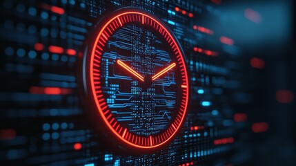 milestones achievement process Futuristic glowing clock design with striking red accents, intricate digital circuitry, and innovative technology elements illuminating timekeeping in a modern setting.