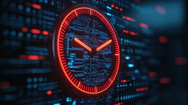 milestones achievement process Futuristic glowing clock design with striking red accents, intricate digital circuitry, and innovative technology elements illuminating timekeeping in a modern setting.