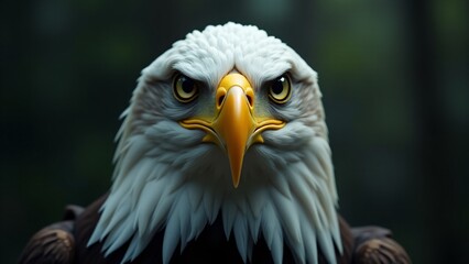 Obraz premium A close-up of a bald eagle, showcasing its piercing eyes and powerful beak, against a blurred background.