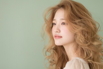 Naklejka premium Closeup of woman with soft blonde curls, light green background, natural beauty, glowing skin, serene expression, minimalistic style, radiant and feminine