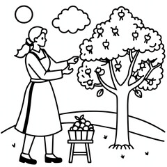 A black and white vector illustration of a female farmer picking apples from a tree.
