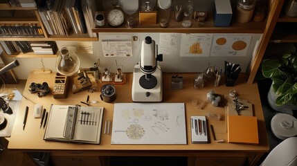 Scientific Workspace with Tools, Sketches, and a Microscope