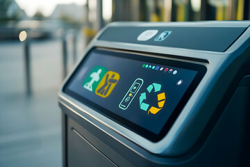 Modern waste bin with digital interface for recycling and waste disposal instructions.